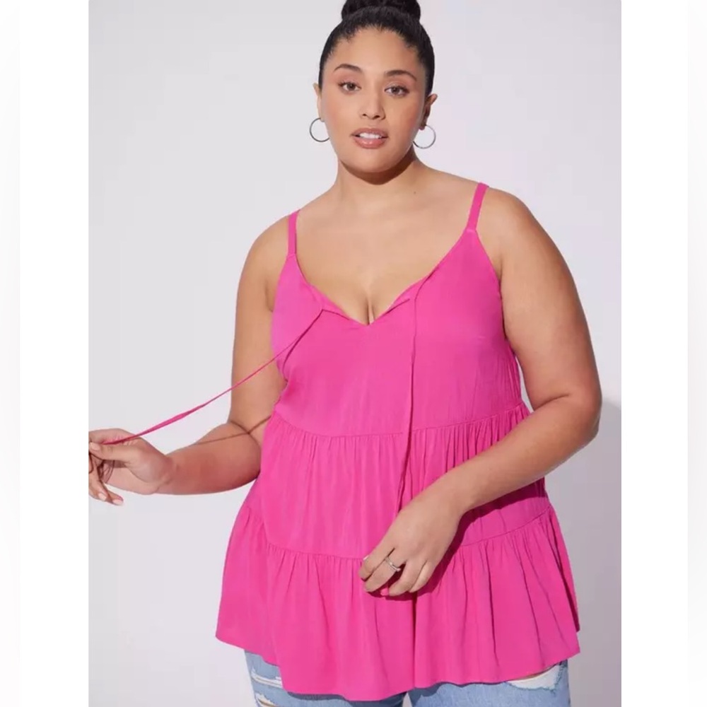 Torrid Women’s Size 1 Cabaret Pink Rayon Slub Tiered Tie Front Cami NWT